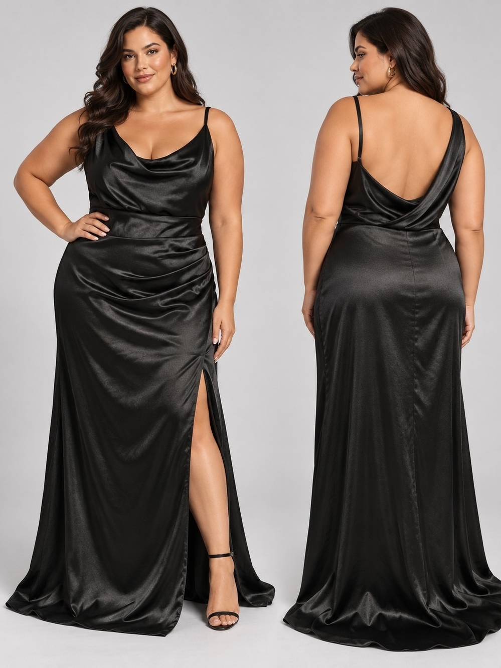 Plus Size Black Satin Backless Cowl Neck Gown